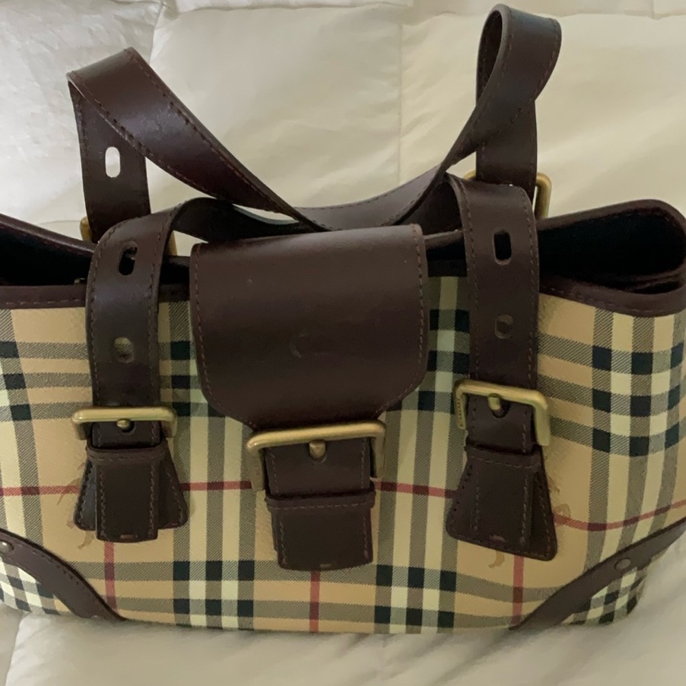 Burberry Brown and Tan Shoulder Bag with Iconic Check Pattern